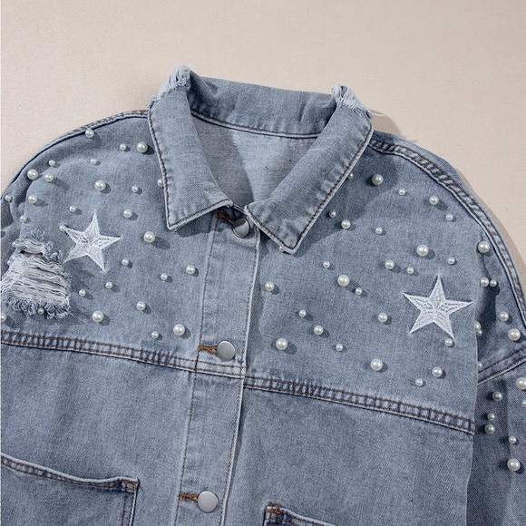 Sky Blue Distressed Pearls Star Cropped
Denim Jacket - Picture 14 of 15